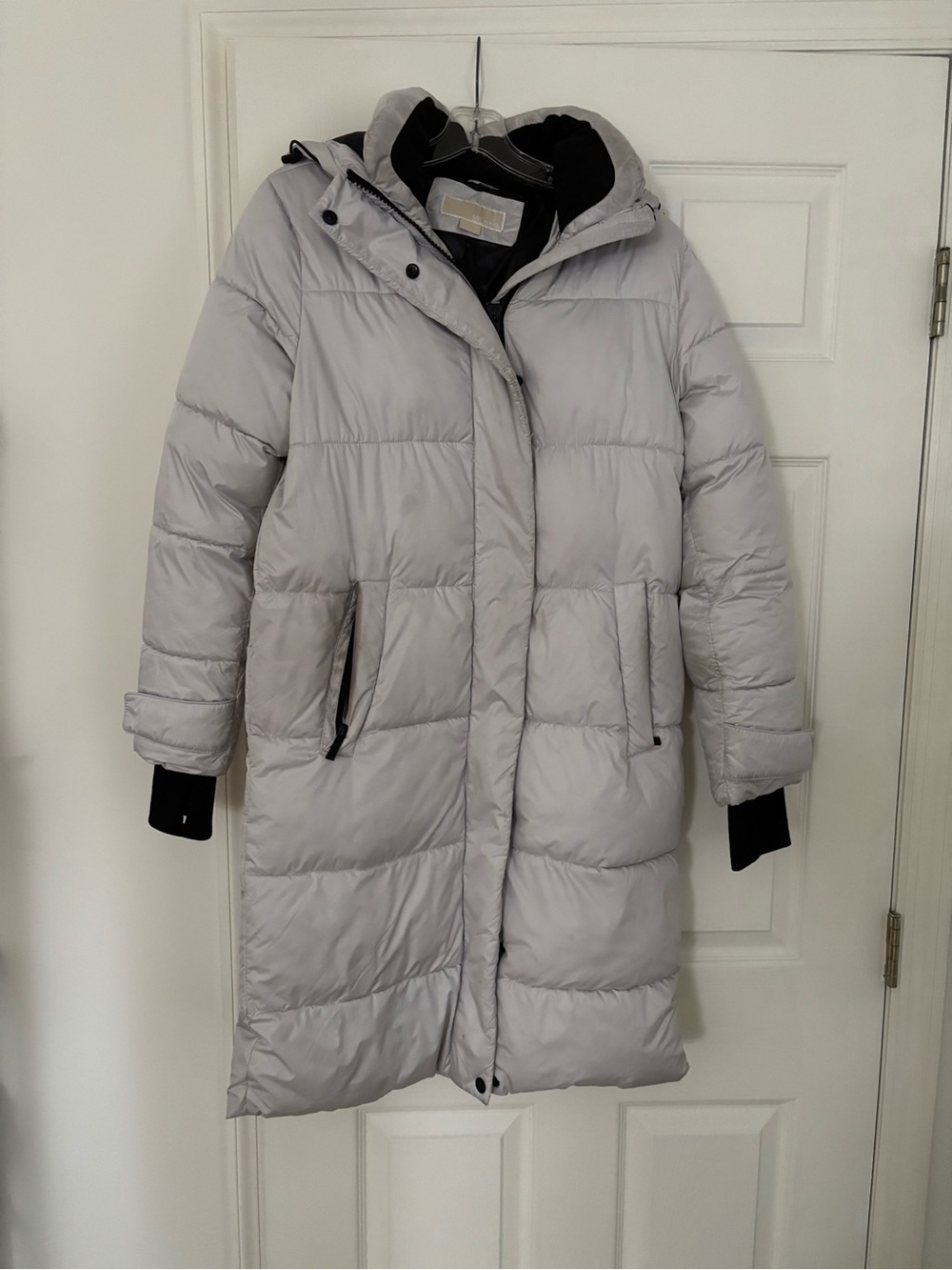 Michael Kors Light Gray Long Quilted Hooded Puffer Coat